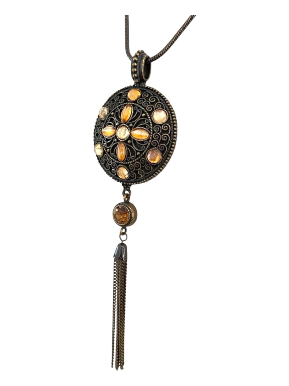 Vintage Avon Bronze Medallion Tassel Necklace With Amber Glass Stones & Scroll D